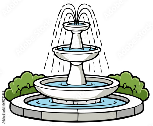 Ornate Tiered Water Fountain surrounded by Green Bushes in a Cartoon Illustration Style with flowing waters