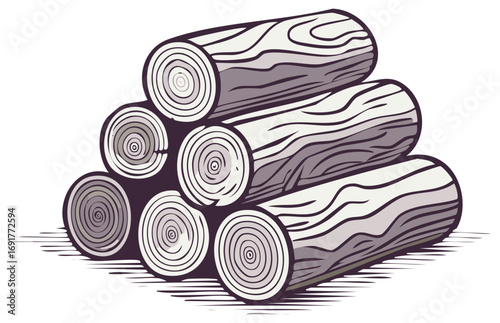 Stack of Hewn Logs Artwork Woodpile Lumber Vector Illustration Wood Grain Firewood Timber Preparation