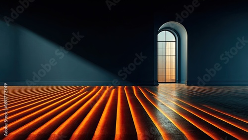 Dark room, glowing floor, arched window