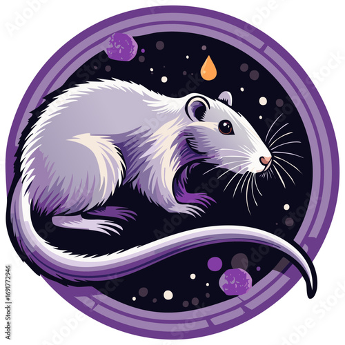 Stylized rat floats in space a decorative illustration of the zodiac sign year of the rat