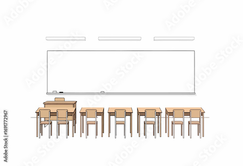 Front view illustration of a traditional empty classroom with wooden desks and a large whiteboard, symbolizing education and learning