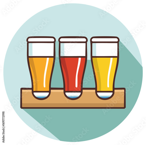 A craft beer flight with three tasting glasses of assorted ale and lager on a wooden tray icon