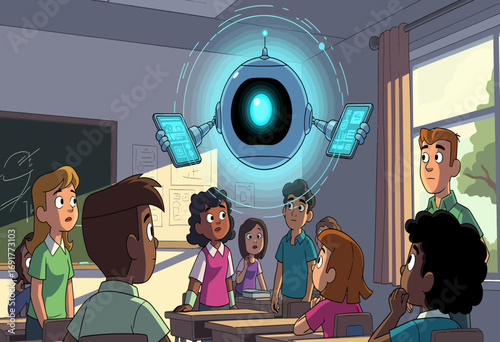 Diverse group of students in a modern classroom captivated by a futuristic AI robot teacher presenting an interactive lesson