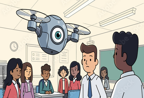 Cartoon illustration of an AI surveillance drone monitoring students in a classroom, representing the future of education and technology