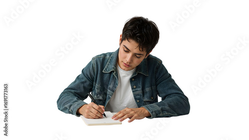 Teenage boy in denim jacket concentrating while writing in notebook on the transparent background