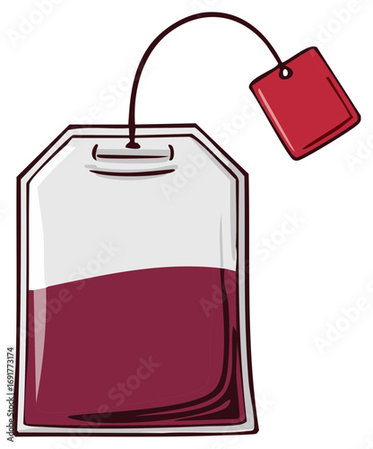 Tea bag with a red tag, brewing tea with color extraction, making hot drinks for breakfast and herbal medicine.
