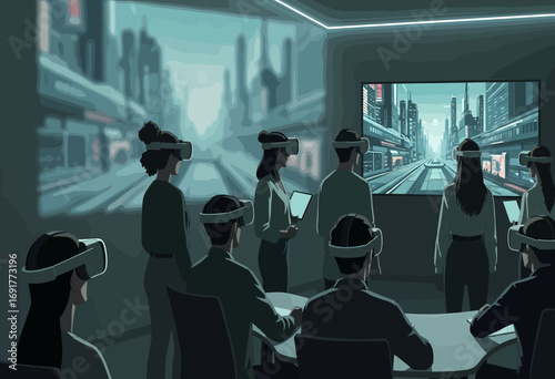 A professional team collaborates in a virtual reality meeting, using headsets to explore a simulated futuristic cityscape