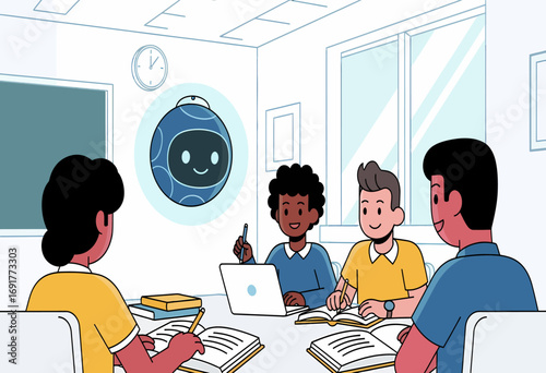 Futuristic education concept showing a diverse group of students interacting with a friendly AI robot tutor in a classroom