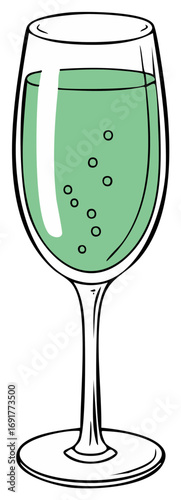 Elegant champagne flute with vibrant green sparkling beverage illustration