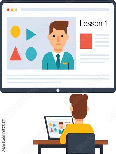 Illustration of a student engaged in an online course, watching a video lesson from a remote instructor on a laptop screen for digital education