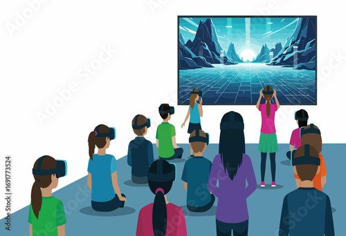 A diverse group of adults and children wearing virtual reality headsets for a shared immersive experience in a futuristic digital world