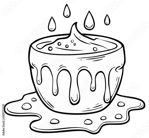 Cartoon bowl of melting cream or yogurt overflowing and dripping