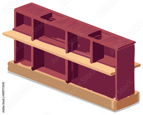 Isometric illustration of a vintage cast iron radiator with an integrated wooden shelf