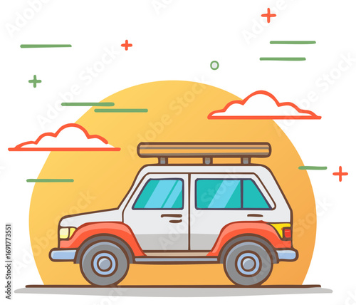 Colorful Cartoon SUV with Roof Rack Against Stylized Sun and Clouds, Ready for Summer Road Trip Adventure