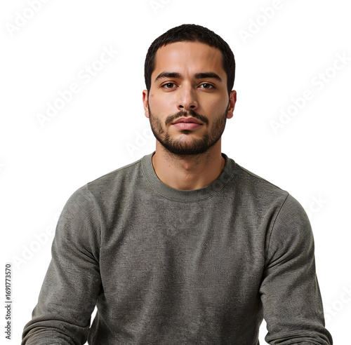 Confident young man with beard wearing olive sweater sitting against the transparent background looking directly at camera with calm expression