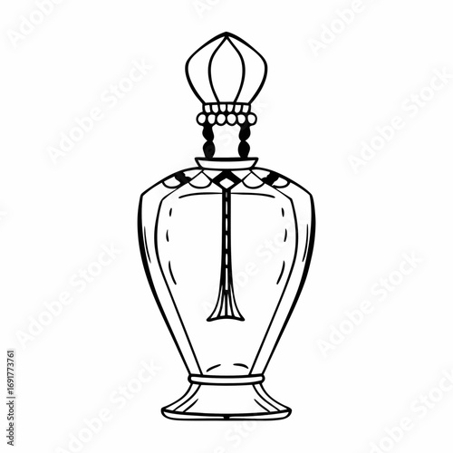 Decorative glass perfume bottle with ornate cap and applicator Keywords: perfume bottle, fragrance