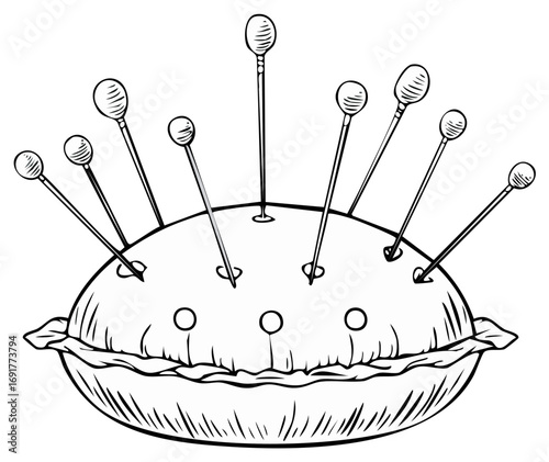Hand drawn black and white illustration of a classic sewing pincushion full of pins