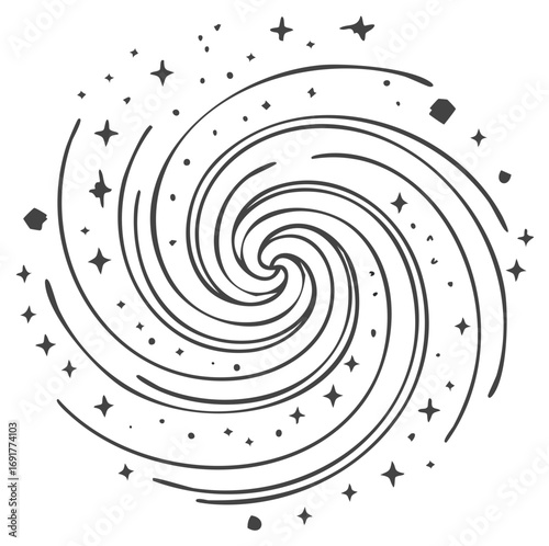 Hand drawn spiral galaxy with stars line art celestial cosmic swirl vector illustration
