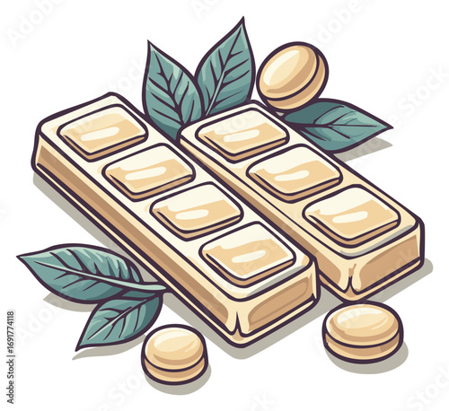 Illustration of white chocolate bars with leaves and round elements, food concept.