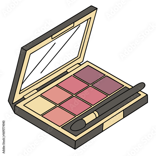 Isometric view of an open eyeshadow palette with applicator and mirror Keywords: makeup, cosmetics