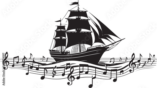 Black silhouette of a sailing ship on musical notes and waves treble clef musical staff