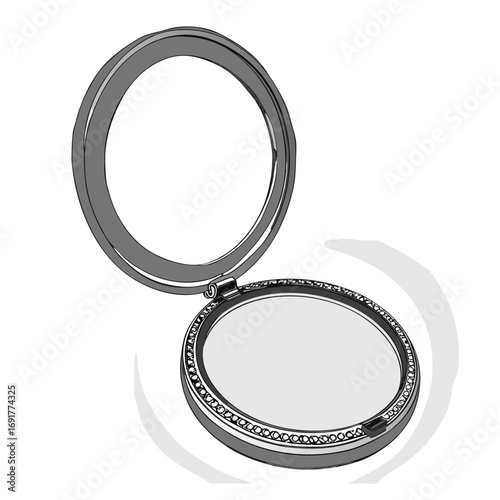 Open compact mirror with decorative rim and reflective surface makeup cosmetic