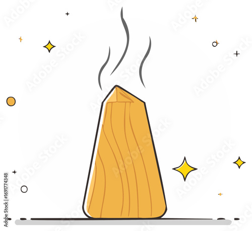 Stylized illustration of a wood incense cone emitting smoke and stars.