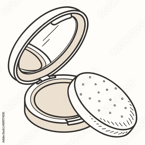 Open compact powder with mirror and puff on white background Keywords: compact powder, makeup