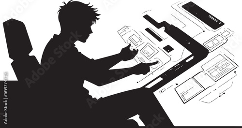 Silhouette of a young man interacting with a futuristic touch screen interface technology