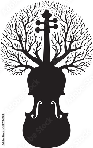Black silhouette of a violin with tree branches growing from the top black and white