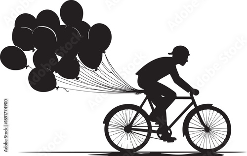 Black silhouette of a person riding a bicycle with a bunch of balloons tied to the seat bike