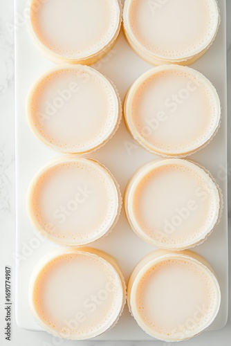 Small round desserts sit on white plate. Sweet treat for gluten free low carb diet. Overhead close up view shows tasty snack.