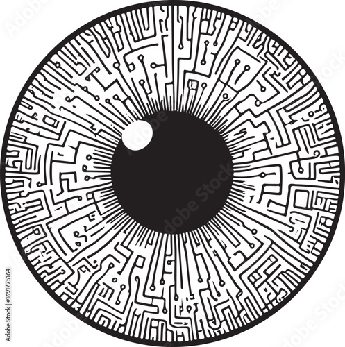 Black and white abstract eye iris with circuit board pattern pupil