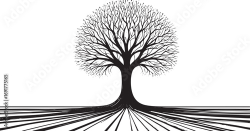 Black silhouette of a tree with intricate branches and sprawling roots on a white background black and white