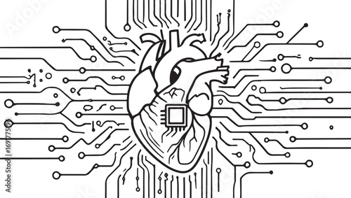 Black and white illustration of a human heart with circuit board connections and a central processor chip