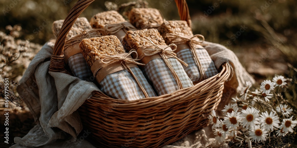 Obraz premium Eco-friendly wrapped granola bars are presented in a charming wicker basket, surrounded by delicate daisies in a sun-drenched meadow, perfect for picnic.