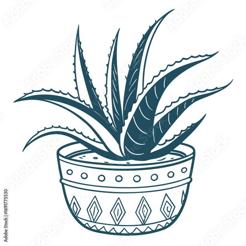 Potted Aloe Vera Plant Illustration in Decorative Ceramic Pot Keywords: aloe vera, plant, succulent