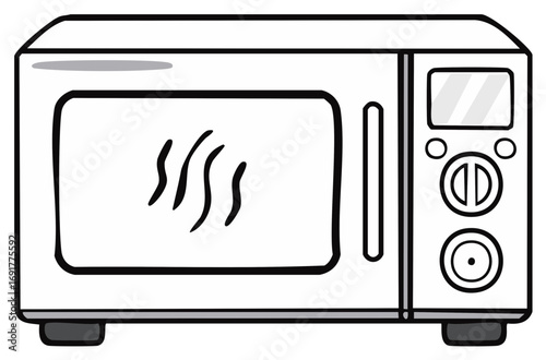 Hand drawn cartoon microwave oven with steam inside the glass door