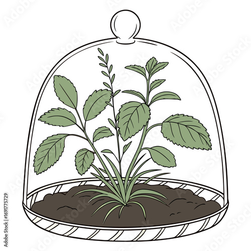 Plant growing in soil under a glass cloche on a white background Keywords: plant, growing, soil