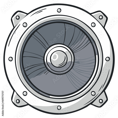 Cartoon illustration of a steampunk-style turbine with metal frame and rivets
