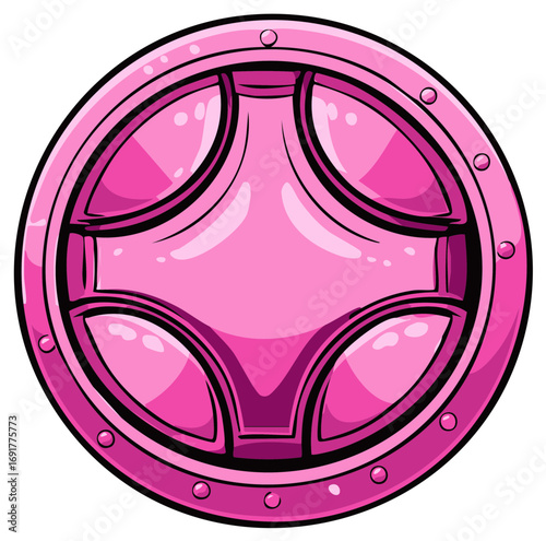 Stylized pink circular emblem with metallic rivets and segmented design