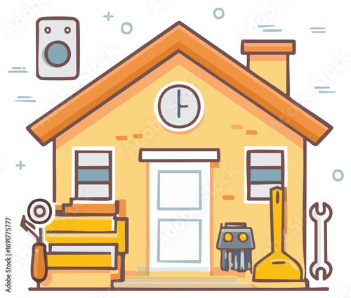 Simple house exterior with plumbing tools and home maintenance equipment