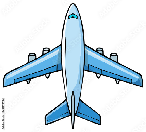 Stylized light blue airplane graphic overhead view illustration commercial passenger aircraft air travel transportation