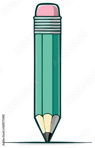 Illustration of a green pencil with a pink eraser and a sharpened tip, ready to write.