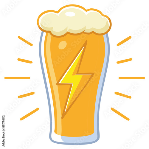 Energetic Beer Glass Cartoon: Refreshment with a Lightning Bolt, Vector Illustration for Summer Fun and Thirst Quenching
