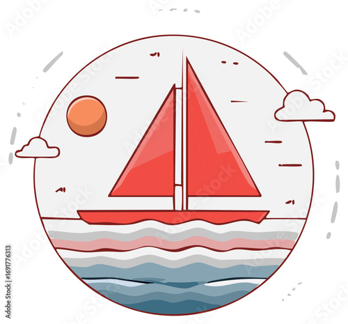 Red sailboat on the ocean waves at sunset vector illustration