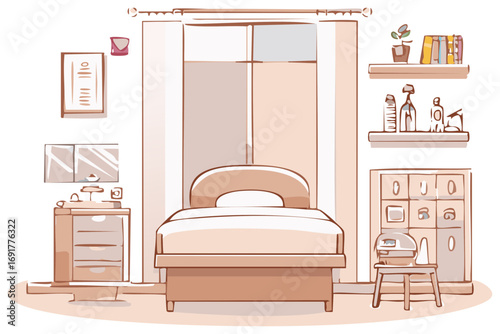 Hand-drawn illustration of a light bedroom interior design with furniture.