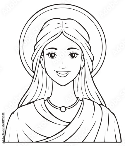 Serene holy woman with a halo line art illustration for a coloring book