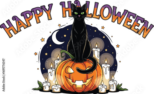 A sleek black cat perched a pumpkin amidst candles, wishing a happy halloween with spooky elegance