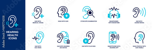 Hearing Health Blue Colored Outline Icon Set